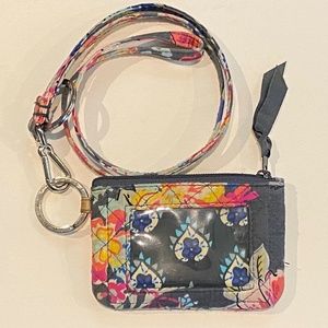 Vera Bradley Key Ring Lanyard Coin Card ID Window Zipper Navy Blue Floral Wallet